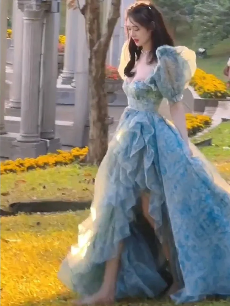 Летнее Модное платье Миди принцессы с цветочным принтом для вечеринок, женское Элегантное винтажное платье Трапециевидной формы с пышными рукавами и оборками, Vestidos Одежда