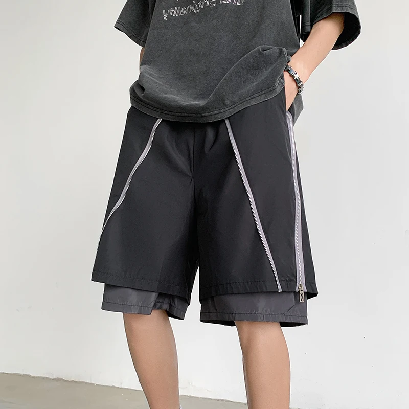Летние шорты мужские однотонные повседневные свободные шорты в стиле пэчворк на молнии, мужские спортивные шорты с прямыми штанинами из искусственных двух частей