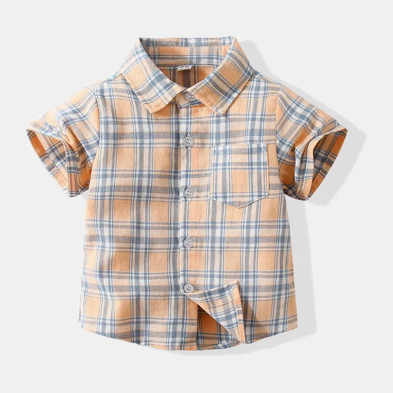 Летняя рубашка для мальчиков, хлопковая клетчатая дышащая рубашка с короткими рукавами, детская повседневная рубашка с лацканами