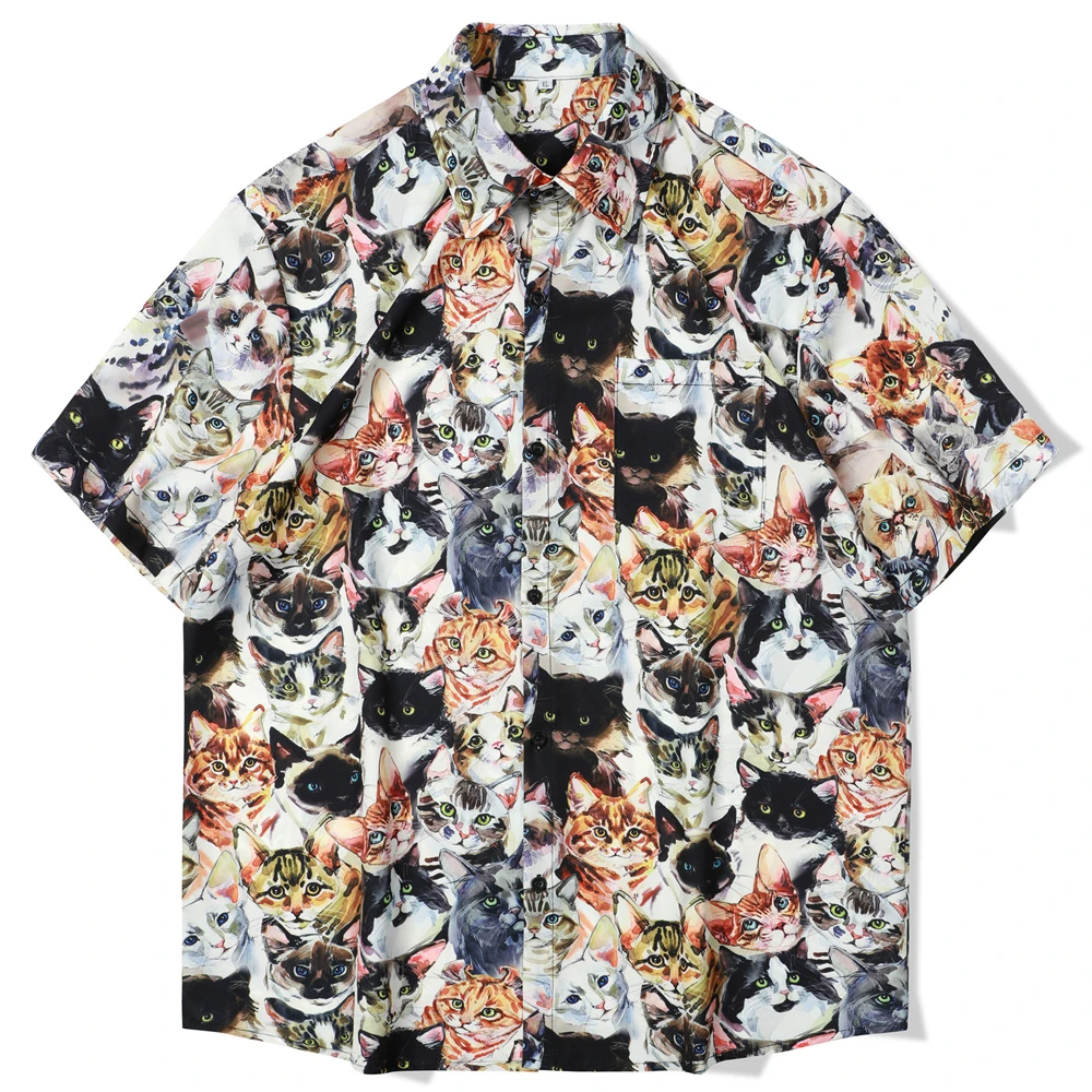 Летняя рубашка с коротким рукавом, Дышащая Гавайская пляжная одежда, Рубашки с милым кошачьим принтом, Мужская Повседневная блузка