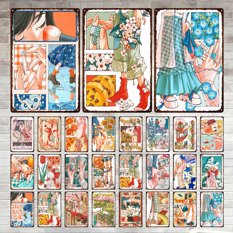 Металлический плакат японского аниме, иллюстрация из мультфильма в стиле ретро, Металлическая табличка, Потертая Жестяная вывеска для кафе, бара, клуба, Настенное искусство, Домашний декор