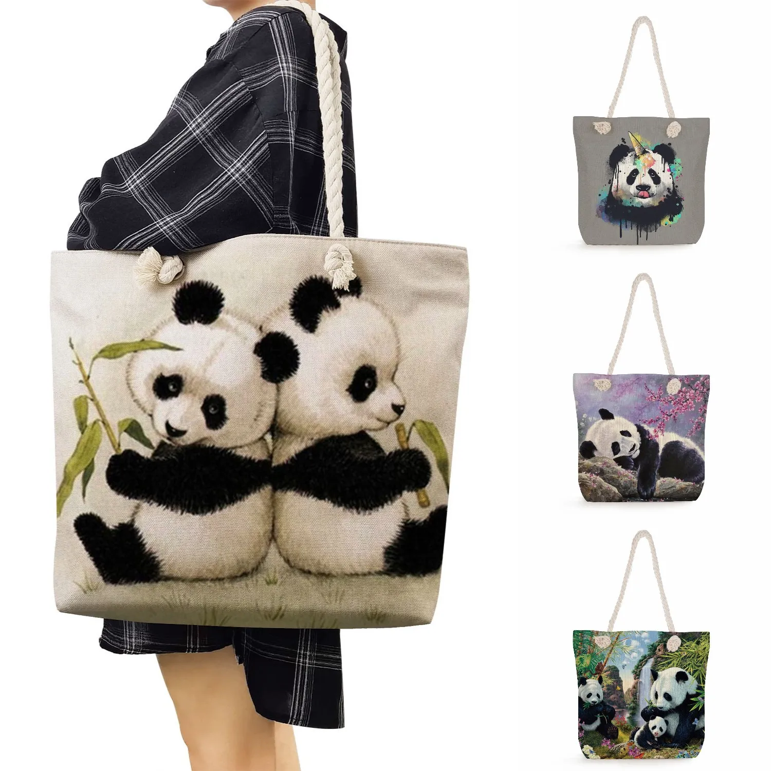 Милая сумочка с пандой, женская льняная сумка для покупок, многоразовая повседневная женская сумка на плечо, высококачественная сумка для студентов, толстая веревочная сумка