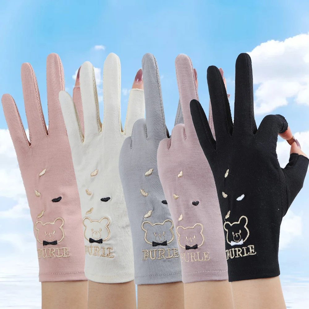 Милые вышитые сетчатые перчатки с медведем Женские Тонкие Перчатки Drive Mitten Солнцезащитные варежки с пятью пальцами