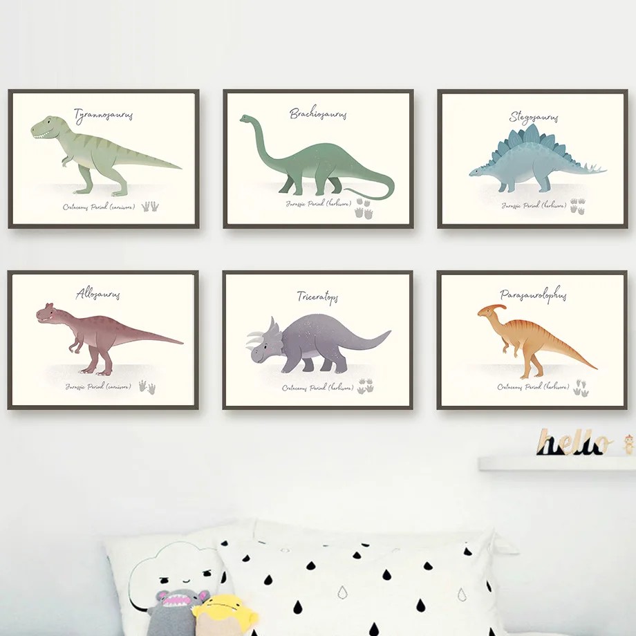 Милый динозавр Тираннозавр Трицератопс Животные Настенное искусство Холст Живопись Плакаты на скандинавскую тему и принты Картинки Декор для детской комнаты