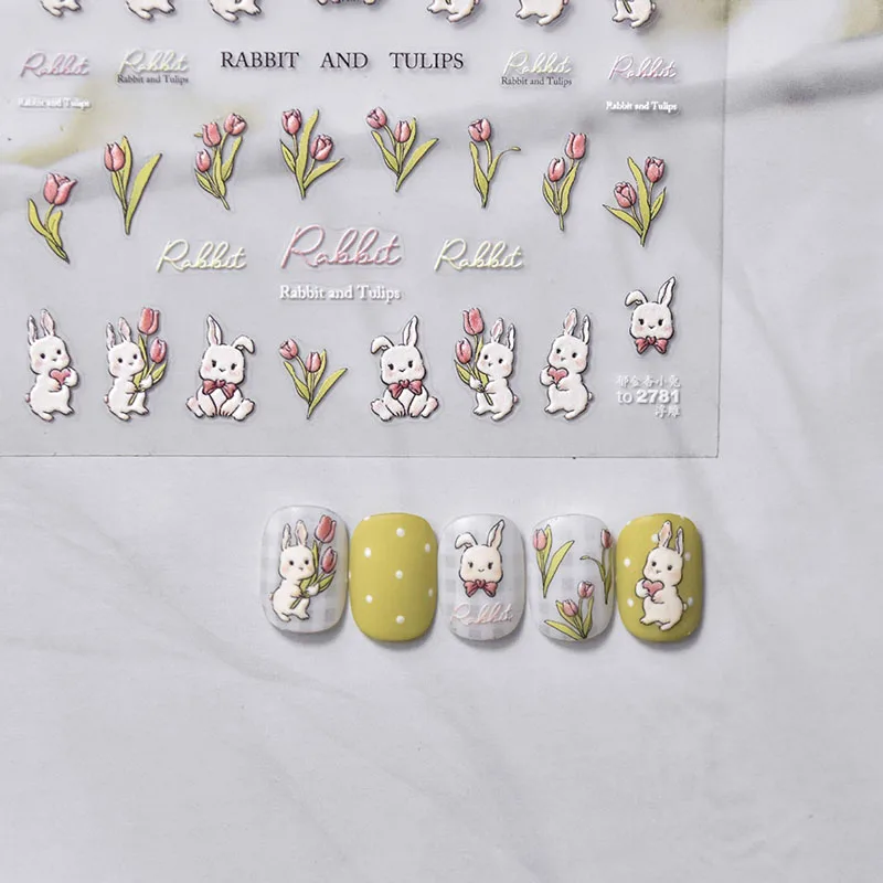 Милый Кролик-тюльпан с высококачественным тиснением, Клейкие Наклейки для ногтей, Украшения для ногтей, Дизайн наклеек для ногтей T-2781
