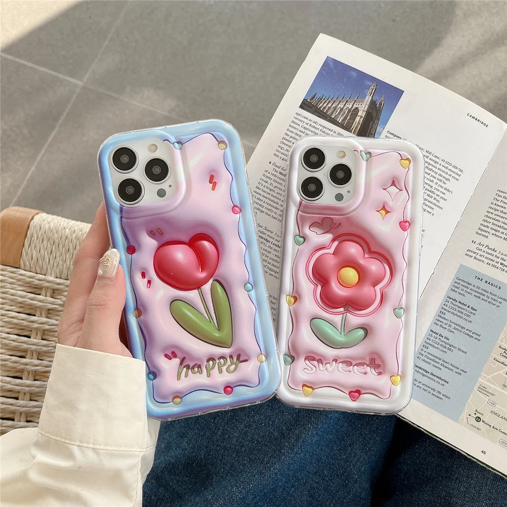 Милый стереопсис в корейском стиле, чехол для телефона для iPhone 13 12 11 Pro Max, 14 Pro Max, задняя крышка из мягкого ТПУ с розовым цветком