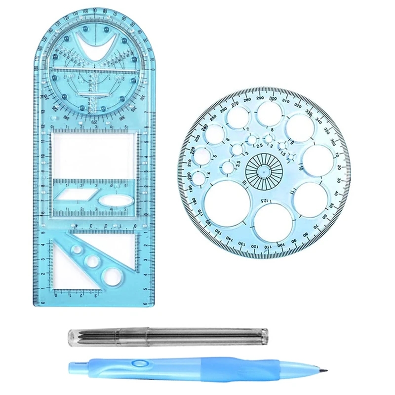 Многофункциональная геометрическая линейка, шаблон для геометрического рисования, измерительный инструмент для школьного офиса с карандашом