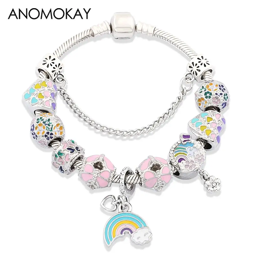 Многоцветный браслет серии Bloom Flowers с подвеской в виде радужного сердца и Луны, браслет из бисера для женщин, подарок для девочек