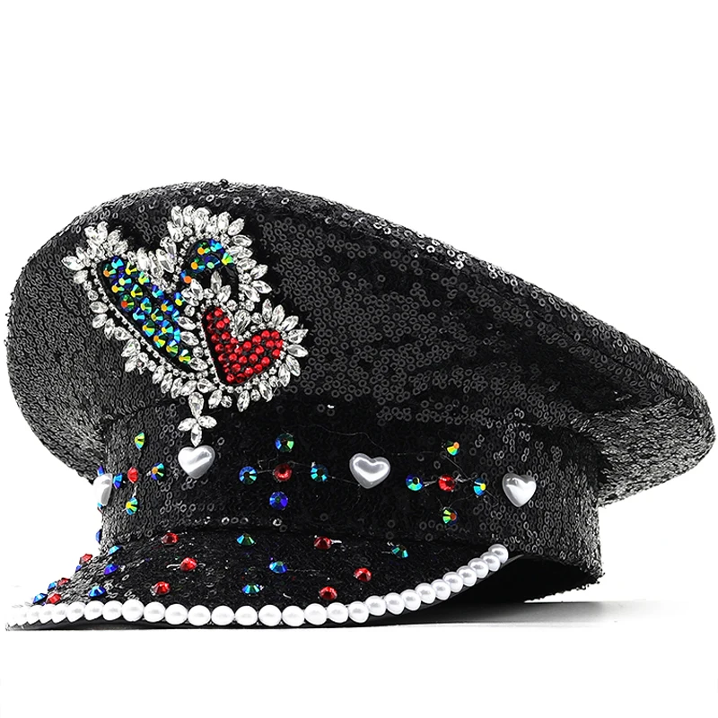 Модная женская военная шляпа невесты, украшенная черными блестками, шляпа капитана-сержанта для новобрачных, Роскошная шляпа для празднования Дня рождения Со стразами