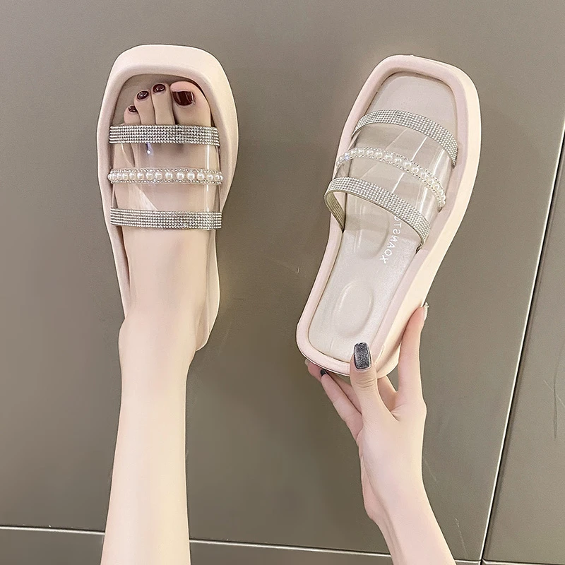 Модная женская обувь 2023 года, босоножки, женские тапочки, летние тапочки с квадратным носком, новые хрустальные классические тапочки на платформе с открытым носком