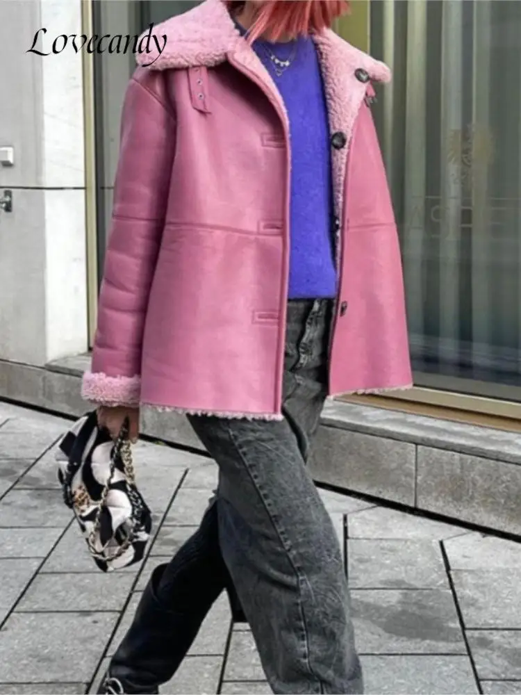 Модное розовое пальто из искусственной кожи с отложным воротником для женщин, элегантная плюшевая куртка в стиле пэчворк с длинным рукавом 2023, осенние женские повседневные теплые топы