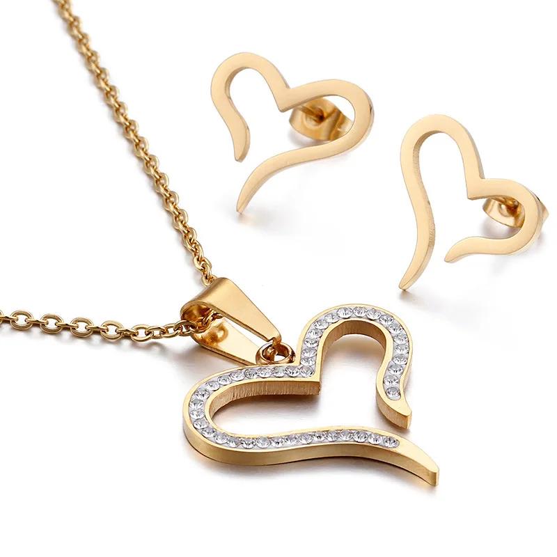 Модные женские Золотые серьги-ожерелья в виде полых хрустальных сердечек из нержавеющей стали, наборы украшений для подарка на День Святого Валентина