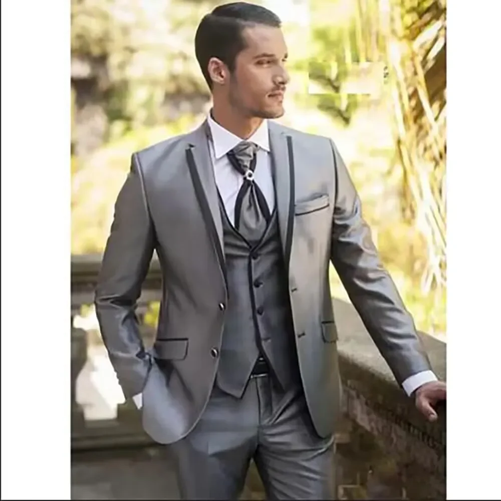 Модный дизайн мужских костюмов из материала Silver Shine, свадебный смокинг для выпускного вечера (куртка + жилет + брюки)