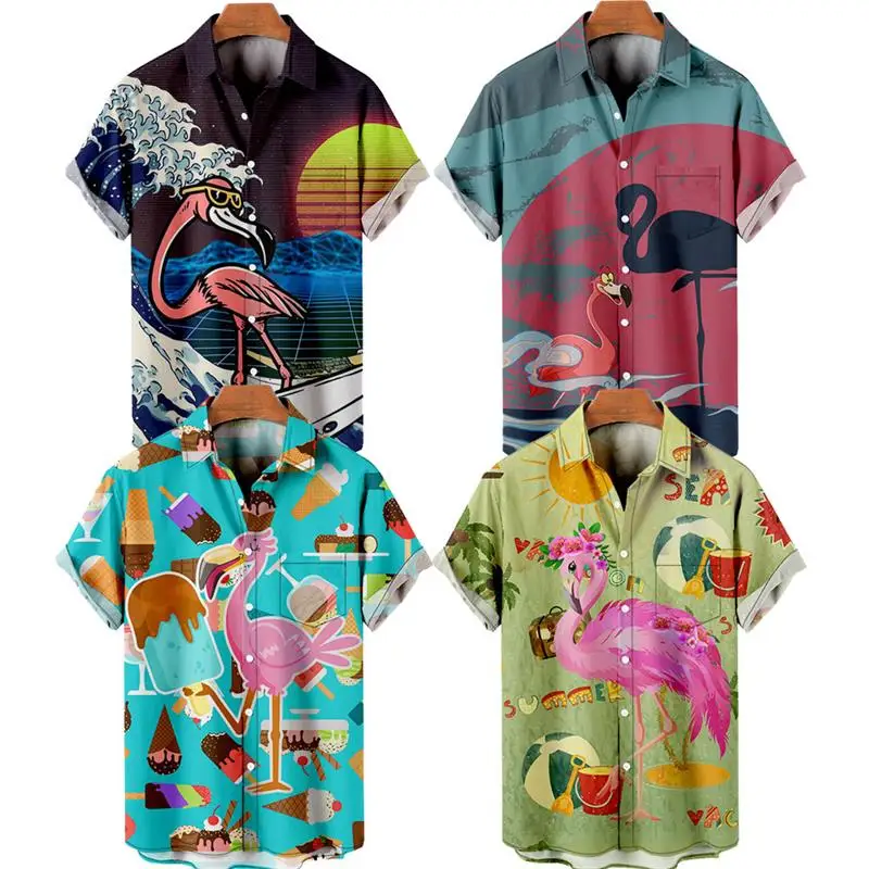 Мужская Гавайская футболка Y2K Hombre, Модная Рубашка, Гавайский Фламинго, 3D Принт, Уютная Повседневная Пляжная Одежда Оверсайз С Коротким Рукавом