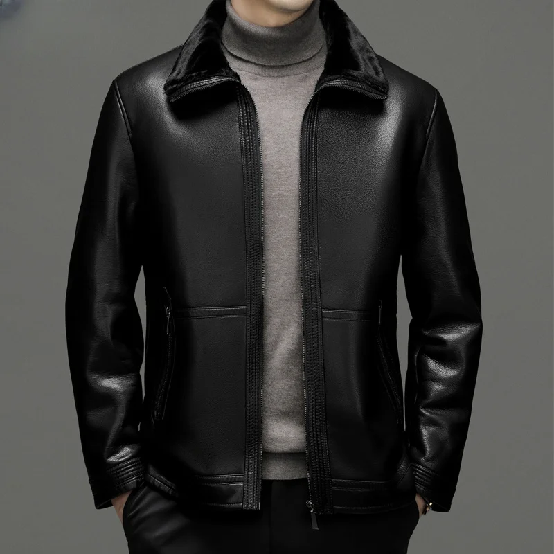 Мужская куртка из натуральной кожи 2023, повседневные деловые мужские зимние куртки, теплые плюшевые пальто с лацканами, черные Casacos Masculinos