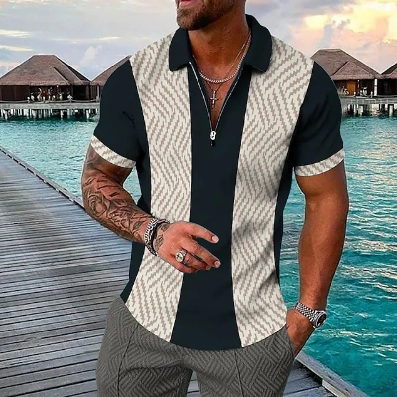 Мужская летняя рубашка поло на молнии, мужская повседневная футболка с короткими рукавами и отворотом, поло с 3D принтом, мужской стиль с короткими рукавами