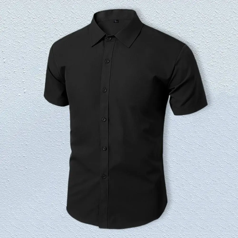 Мужская рубашка с короткими рукавами и отложным воротником из черного атласа, роскошный облегающий однобортный рабочий повседневный костюм, рубашка, Верхняя офисная одежда