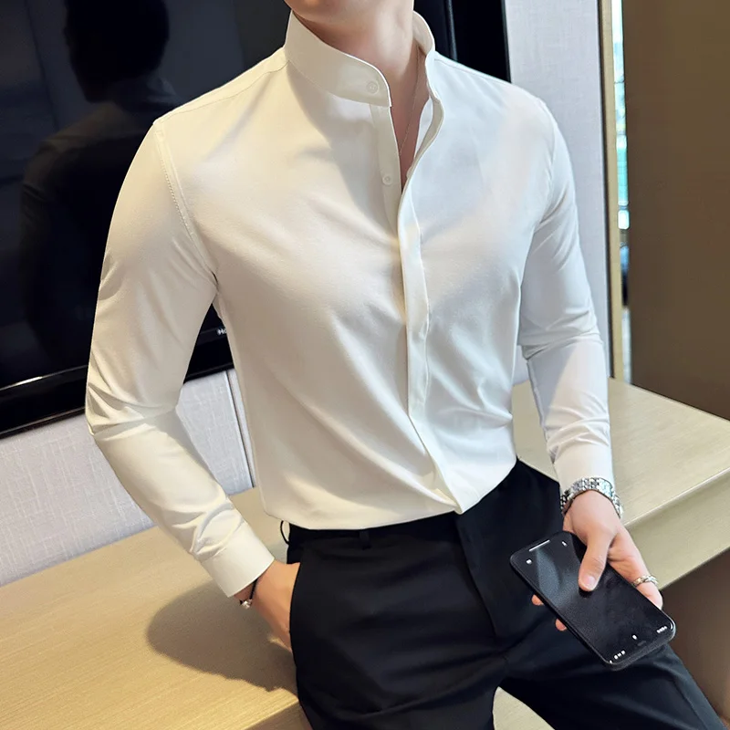 Мужская рубашка со стоячим воротником в китайском стиле, однотонные повседневные деловые рубашки с длинными рукавами, приталенная блузка для светской жизни