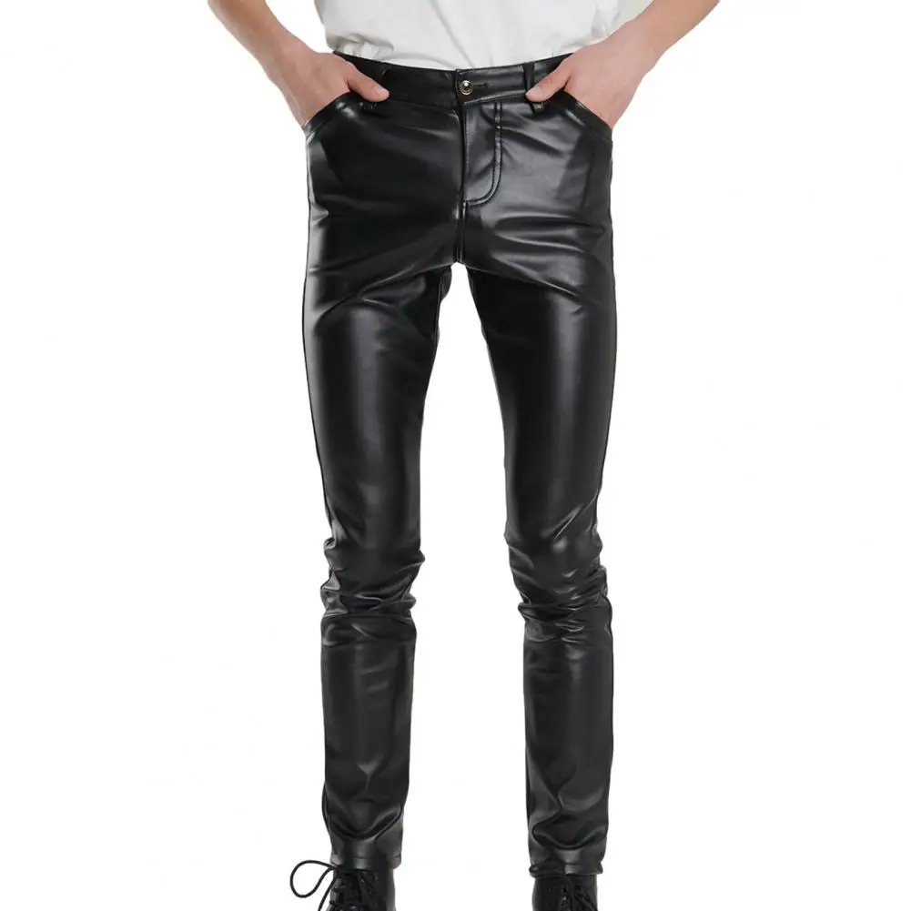 Мужские брюки из искусственной кожи с узкими карманами, уличная одежда для мотоциклов, клубные длинные брюки 한국 가을옷
