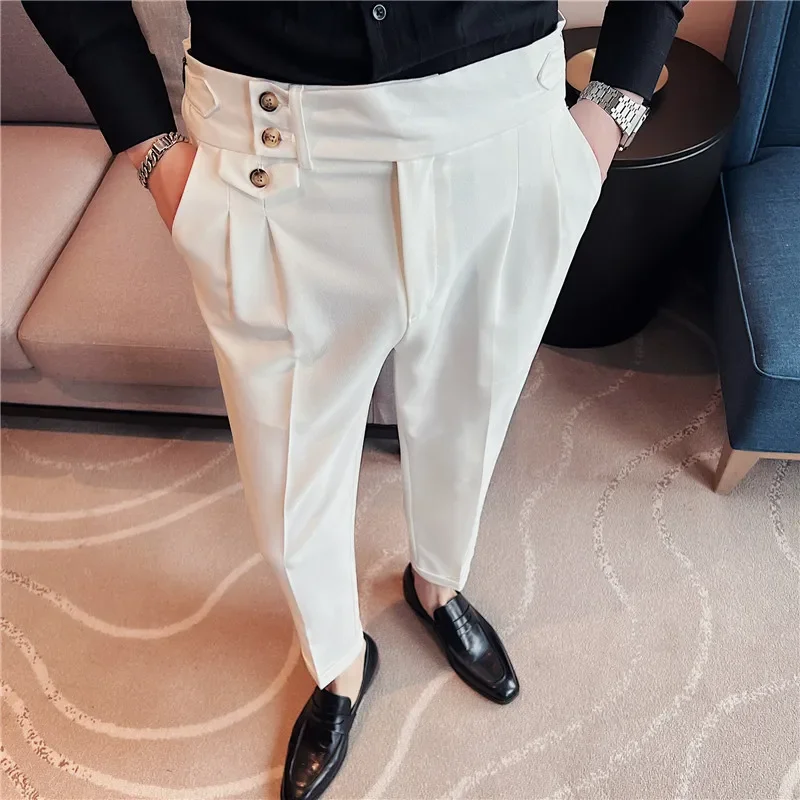 Мужские брюки-платья в британском стиле с высокой талией 2023, осенние однотонные повседневные брюки, приталенные брюки для официальных костюмов, модная мужская одежда