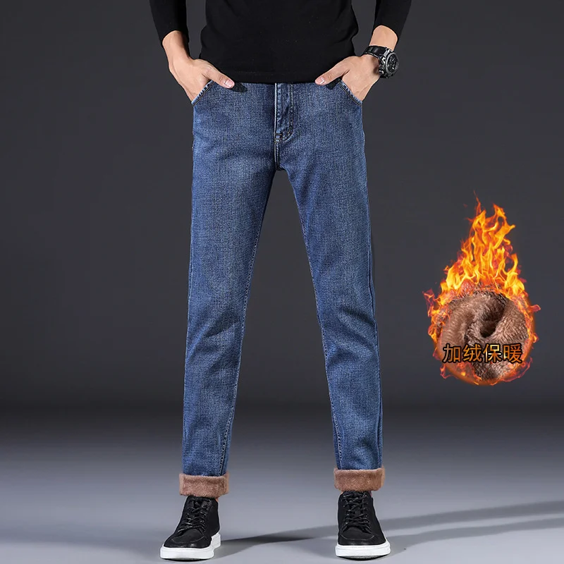Мужские зимние повседневные флисовые джинсы из синего стрейчевого хлопка, теплые облегающие джинсовые брюки, большие размеры 28-40