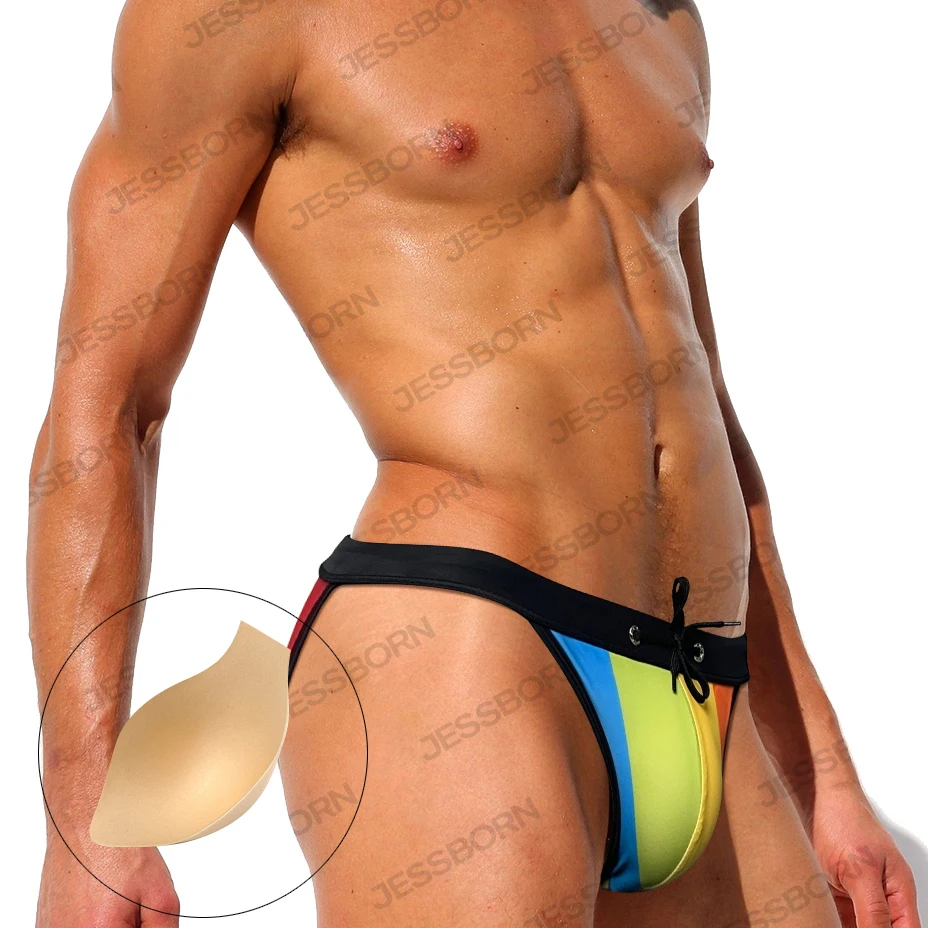 Мужские купальники Bainbow с высоким вырезом, Быстросохнущие купальники-бикини из полиэстера с низкой талией, сексуальный купальник с эффектом пуш-ап для гей-серфинга на пляже