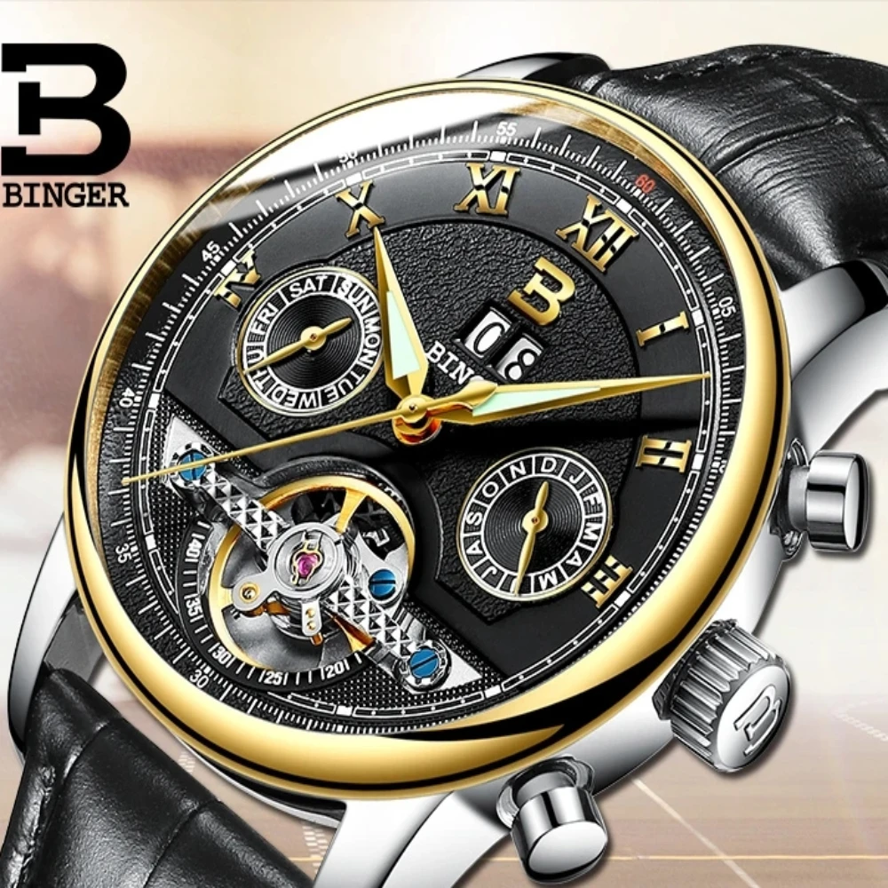 Мужские наручные часы BINGER из нержавеющей стали с календарем Оригинального бренда, автоматические механические часы с дисплеем недели relogio masculino