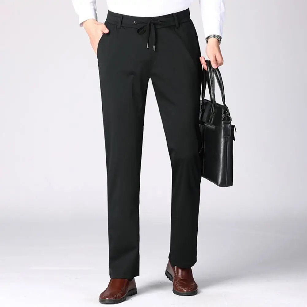 Мужские однотонные брюки для делового костюма, Высокая талия, эластичный пояс, Карманы на шнурках, Прямые Длинные брюки, Эластичные брюки