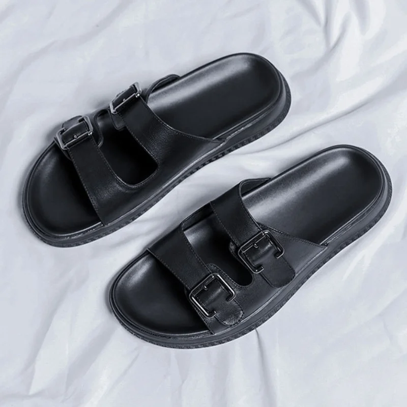 Мужские тапочки 2023 Летняя Новая Пляжная Обувь Черные Сандалии Из Натуральной Кожи Мужская Обувь Sandalias Hombre Slipper Тапочки для Мужчин