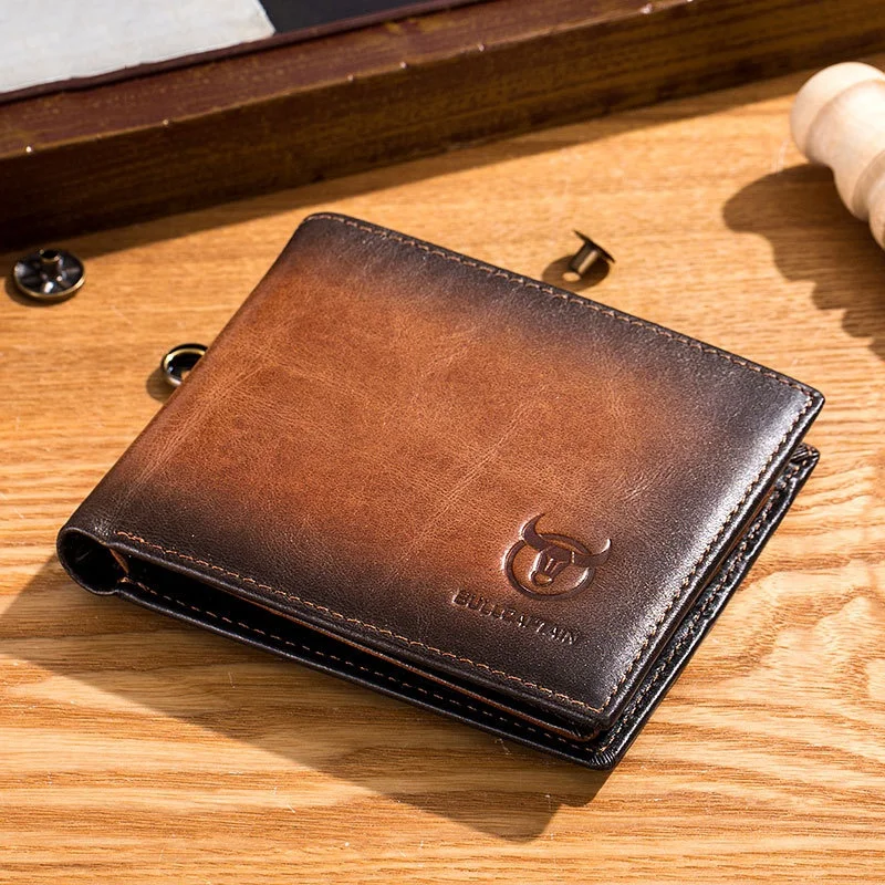 Мужской кожаный противоугонный кошелек BULLCAPTAIN RFID, двойной ультратонкий короткий кошелек, сумка для удостоверения личности с несколькими картами