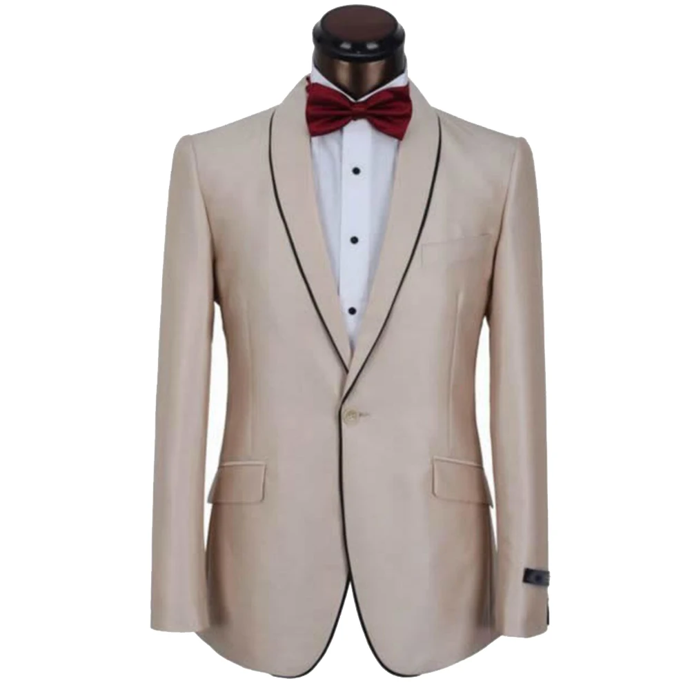 Мужской костюм, СШИТЫЙ ПО ИНДИВИДУАЛЬНОМУ ЗАКАЗУ, цвета шампанского, с отворотом из шали на одной пуговице и черной каймой (пиджак + брюки + галстук + квадрат кармана)
