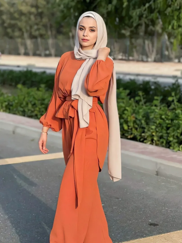 Мусульманские комплекты Islam Ramadan Abaya из цельного льдистого шелка, элегантный приталенный комплект исламской одежды из двух предметов для Дубая, Ближнего Востока, Саудовской Аравии