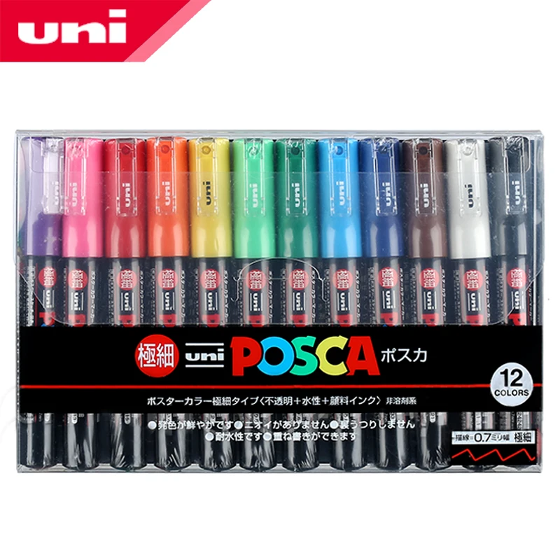 Набор из 12 цветов, маркеры Posca PC-1M Extra Fine 0,7 мм, фломастеры для рисования, манга, керамика, стекло, граффити, дерево, ткань, Роспись по металлу