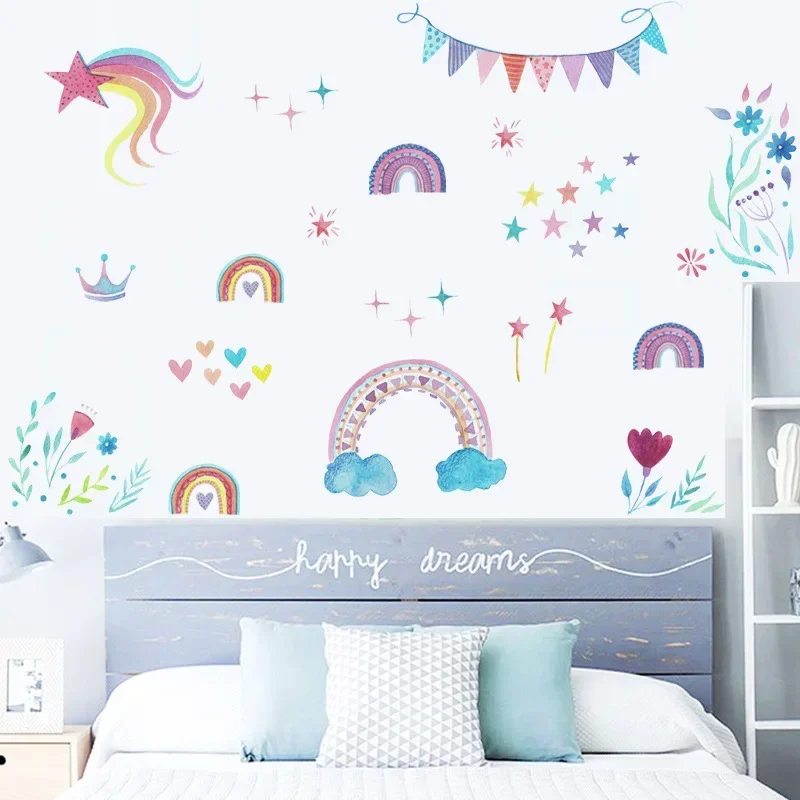 Наклейка на стену с мультяшными радужными звездами для ребенка, Настенная роспись для детской комнаты, домашний декор, Фон для спальни, Декор для детской вечеринки, Подарочные обои