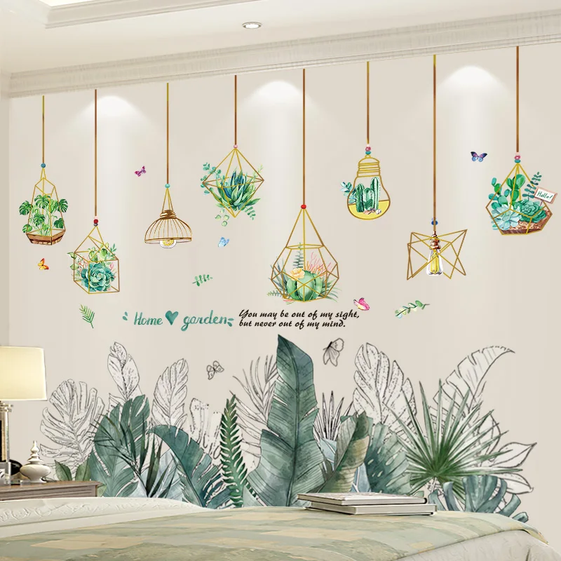 Наклейки на стены с зелеными растениями в горшках, наклейки с тропическими листьями, сделанные своими руками, для гостиной, спальни, детского сада, кухни, украшения дома