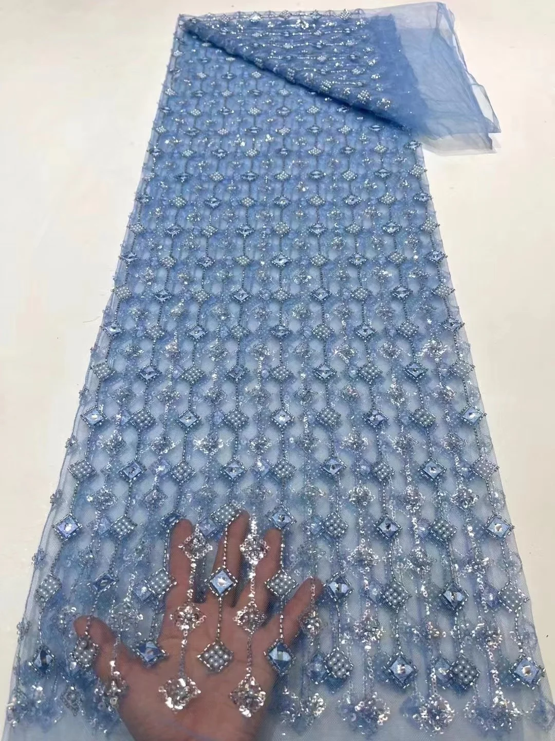 Небесно-голубая Африканская кружевная ткань ручной работы из бисера 2023 г. Высококачественная Нигерийская Французская тюлевая ткань с 3D цветами и блестками для свадьбы