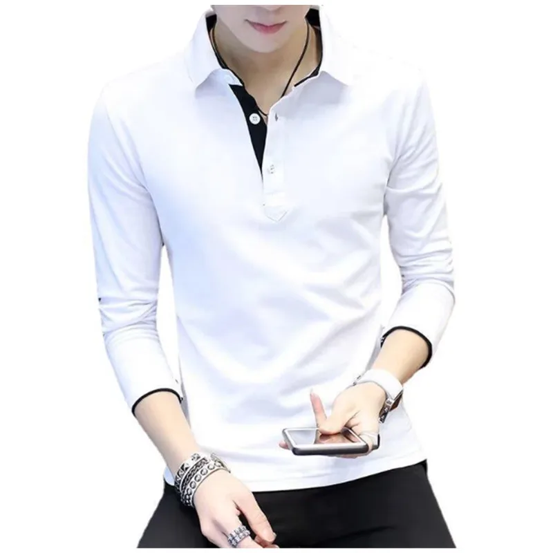 Новая весенне-осенняя мужская деловая футболка с длинным рукавом, модная приталенная мужская одежда с воротником-поло, однотонный деловой повседневный мужской топ M-5XL