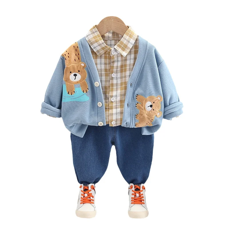 Новая весенне-осенняя одежда для малышей, костюм для мальчиков, Клетчатая рубашка, куртка, брюки, 3 шт./компл., повседневный костюм для малышей, спортивный костюм для младенцев