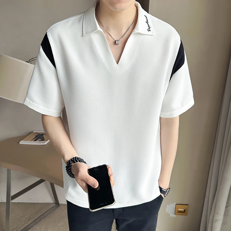 Новая мужская модная повседневная корейская версия, тонкая удобная трендовая вафельная решетка, цветная вышивка в стиле пэчворк, дизайн тонкой футболки