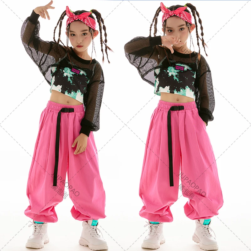 Новая современная одежда для джазовых танцев, черные топы в сетку для девочек, розовые брюки в стиле хип-хоп с длинными рукавами, концертная одежда в стиле хип-хоп.