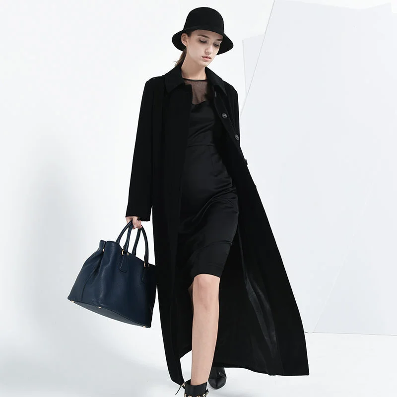 Новое модное черное шерстяное пальто, женское ультрадлинное, до колен, Новое шерстяное пальто в стиле Хепберн с тонким поясом, зима и осень