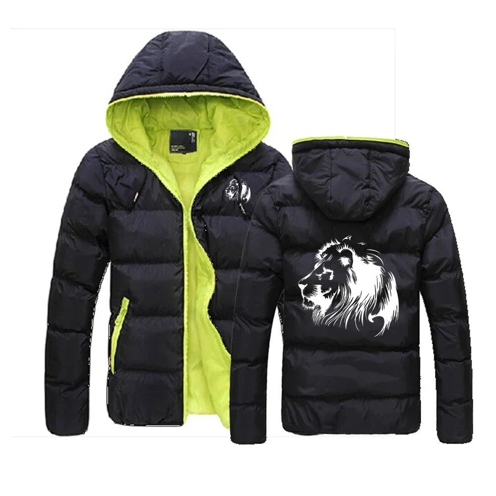 Новое мужское пальто с принтом медитации и льва, куртка с капюшоном на молнии, хлопковая подкладка, приталенная модная зимняя утепленная верхняя одежда, спортивный костюм