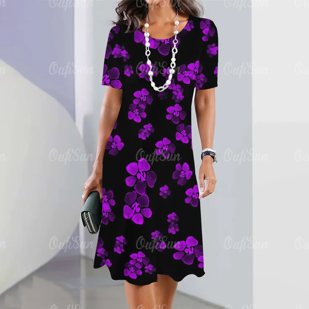 Новые женские платья с фиолетовыми элементами цветочного принта, элегантная повседневная уличная одежда для вечеринок, свободная одежда больших размеров 2024