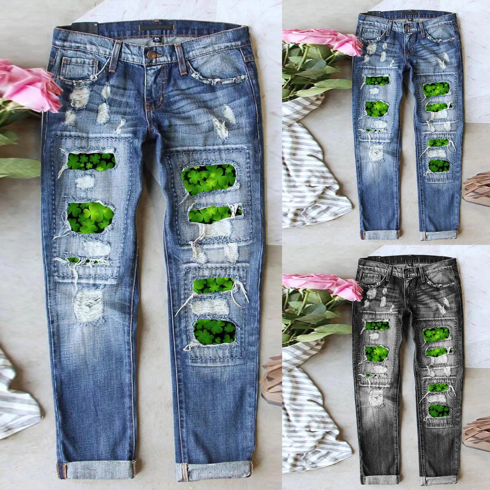 Новые женские прямые джинсовые брюки с перфорацией Street Sampa с принтом Особенности: на брюках Женские Женские