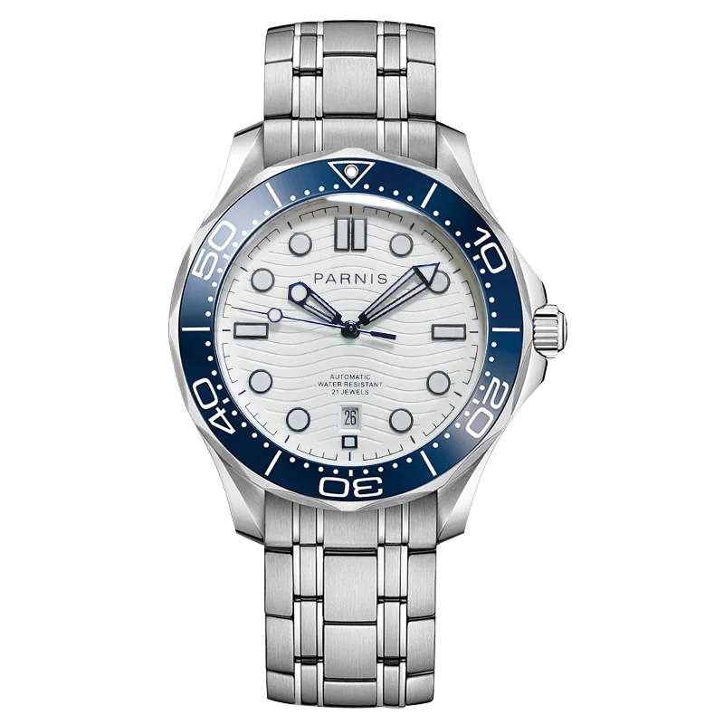 Новые мужские часы Parnis 42 мм с синим безелем, автоматические механические часы с календарем, сапфировое стекло, мужские спортивные часы reloj hombre Man Clock