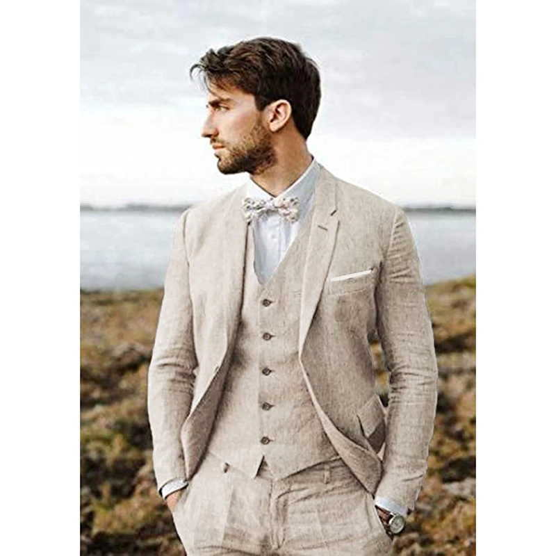Новый дизайнерский льняной костюм для мужчин, комплект из 3 предметов, торжественный свадебный комплект для выпускного вечера, приталенный пиджак, смокинг для жениха, лучший мужской костюм Homme