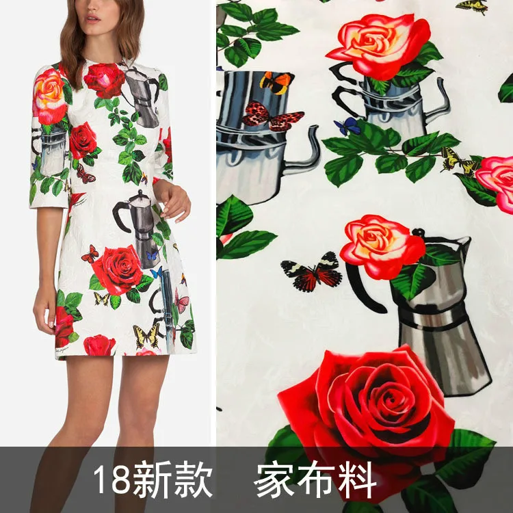 новый узор белый чайник роза жаккардовая ткань юбка платье модная ткань оптом на складе