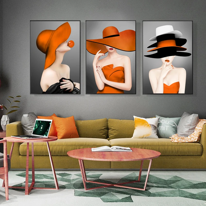 Оранжевая женщина, плакаты на скандинавскую тему, модная живопись из перьев, принты на холсте, настенное искусство для гостиной, современный диван, домашний декор, Сексуальная девушка