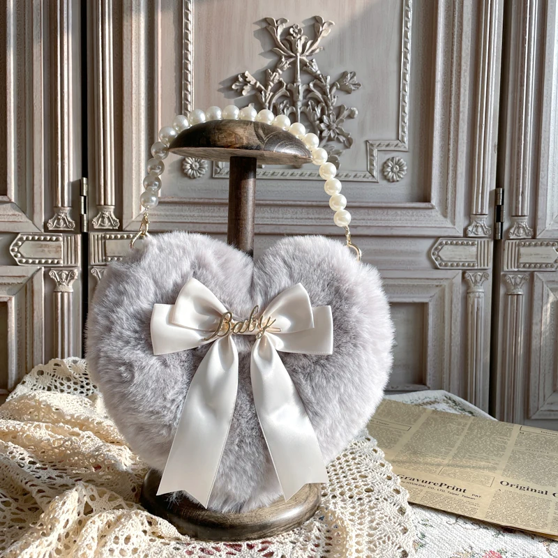 Оригинальный дизайн, Лолита, серая плюшевая любовная кружевная сумка двойного назначения, портативная сумка с косым крестом