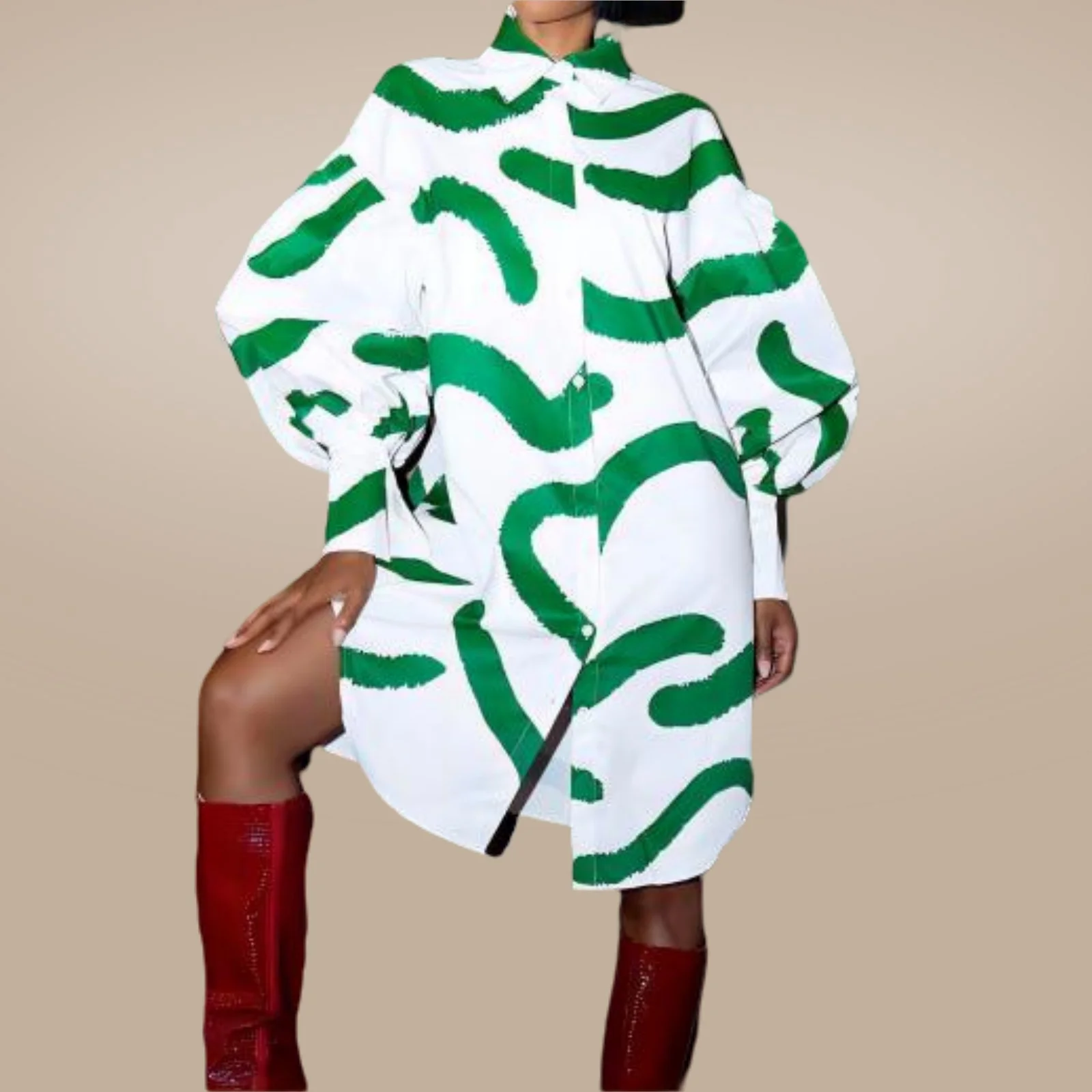 Осеннее модное новое платье-рубашка с принтом, зеленое белое женское платье больших размеров 4XL 5XL